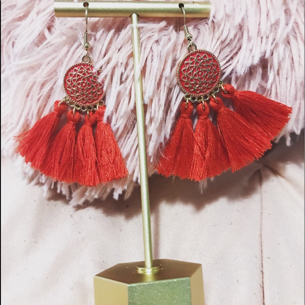 Red and Gold Tassel Earrings